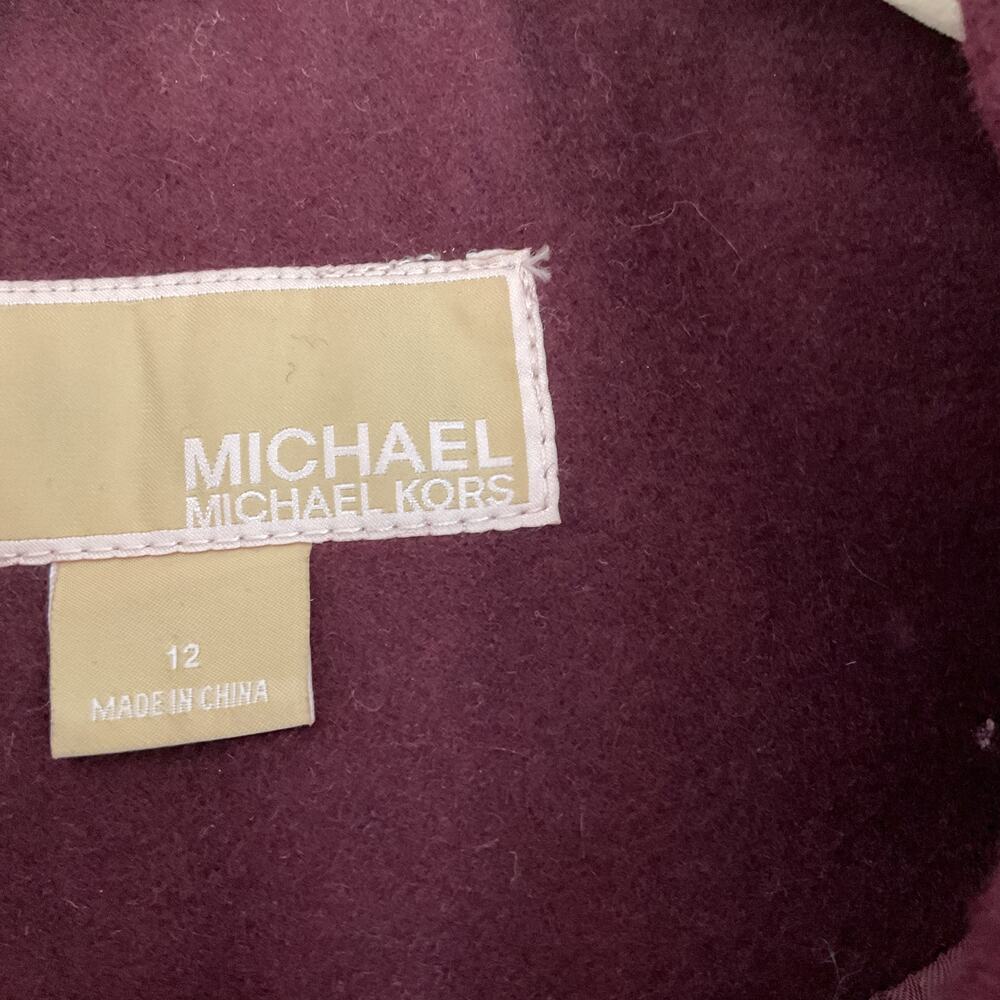 Michael Kors Moto Wool Coat Burgundy Maroon Black Leather Sleeves Size 12 - Picture 3 of 8